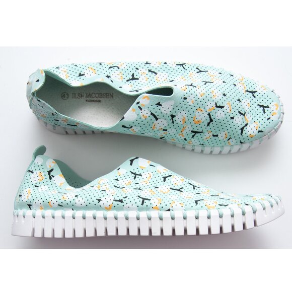 Ilse Jacobsen Shoes - Ilse Jacobsen Tulip Platform Shoes Abstract Floral Flats Slip On Green White 41